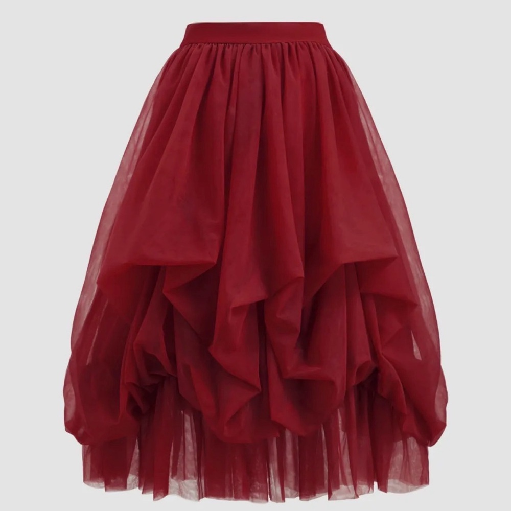 Burgundy Red CIDER Layered Tulle Skirt - Women's Voluminous Midi